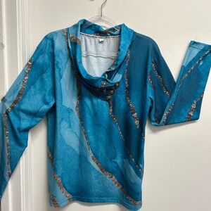 Turquoise Blue Abstract print with glittering streaks Buttoned Cowl Neck Top